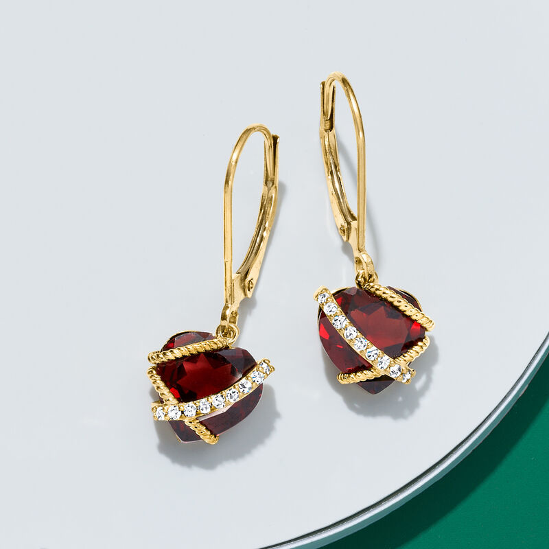 4.10 ct. t.w. Garnet Heart Drop Earrings with Diamonds in 14kt Yellow Gold  image number 2