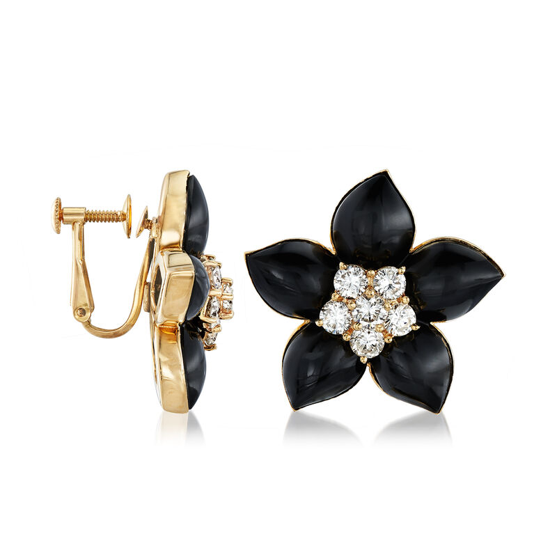 C. 1970 Vintage Black Onyx and 2.35 ct. t.w. Diamond Flower Earrings in 18kt Yellow Gold image number 2