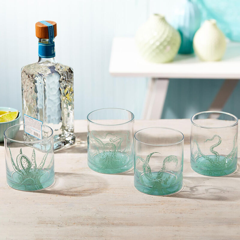 &quot;Octopus&quot; Set of Four Ocean Water Double Old Fashioned Glasses image number 0