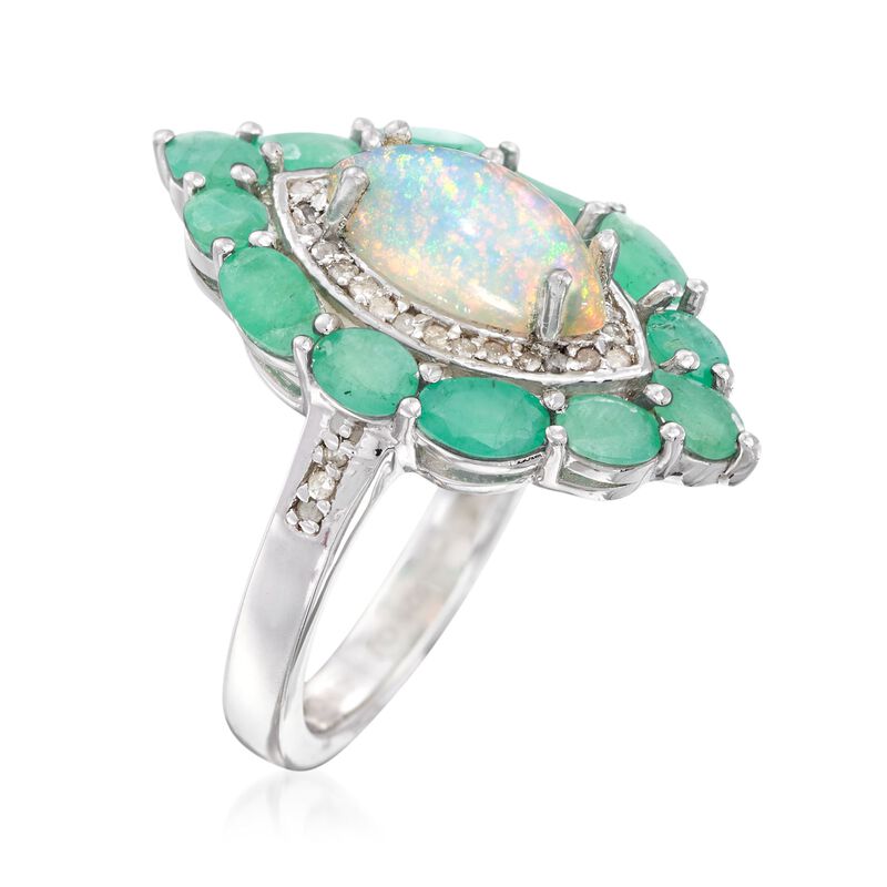 Opal and 1.80 ct. t.w. Emerald Marquise-Shaped Ring with .17 ct. t.w. Diamonds in Sterling Silver image number 2