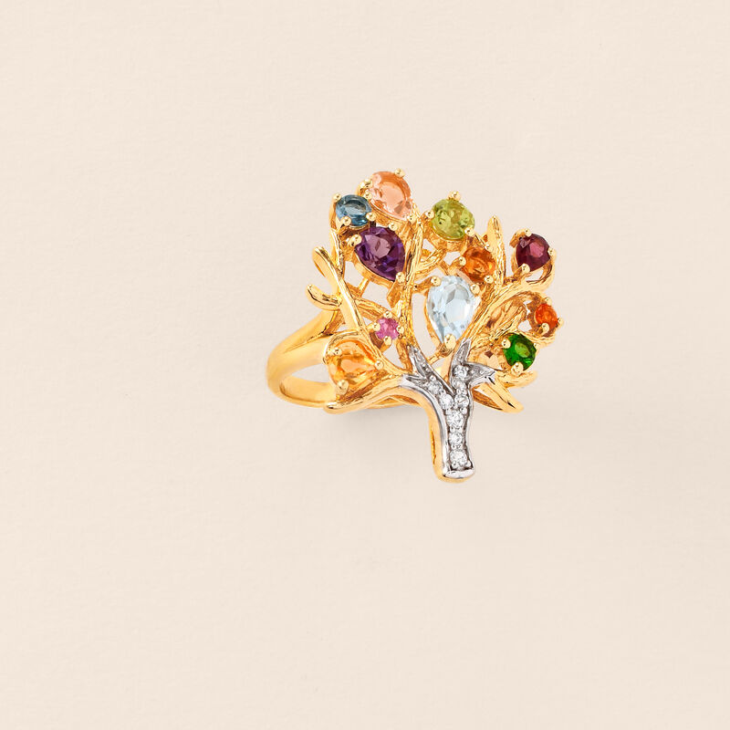 Orange Opal and 3.04 ct. t.w. Multi-Gemstone Tree of Life Ring in 18kt Gold Over Sterling image number 4