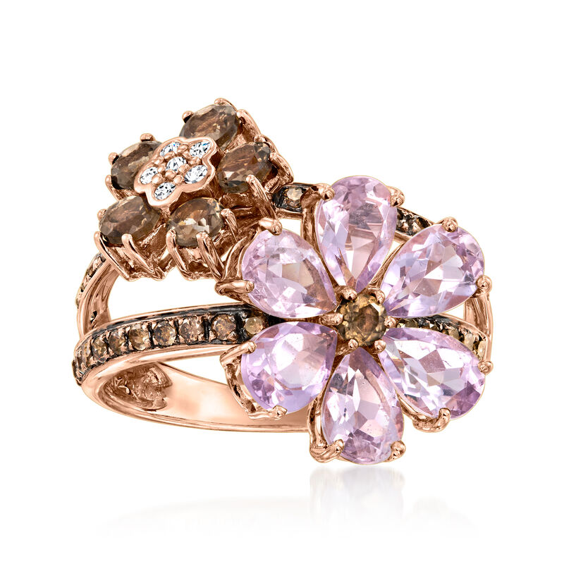 C. 2000 Vintage Le Vian 2.00 ct. t.w. Amethyst, .60 ct. t.w. Smoky Quartz and .35 ct. t.w. Brown Diamond Flower Ring with White Diamonds in 14kt Rose Gold. Size 7 image number 0