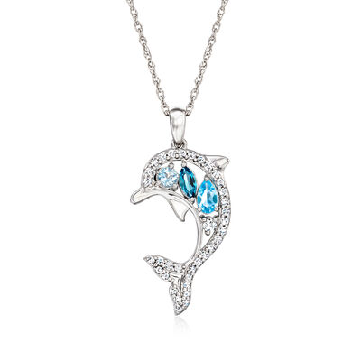 .60 ct. t.w. White and Tonal Blue Topaz Dolphin Pendant Necklace in Sterling Silver