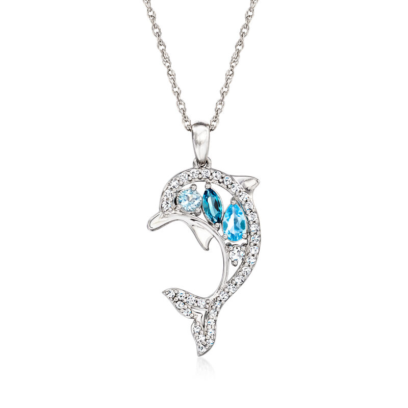 .60 ct. t.w. White and Tonal Blue Topaz Dolphin Pendant Necklace in Sterling Silver. 18&quot; image number 1
