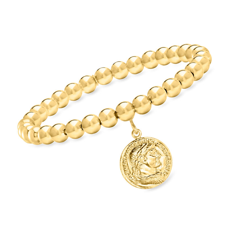 Italian 6mm 18kt Gold Over Sterling Stretch Bead Bracelet with Replica Lira Coin Charm image number 0