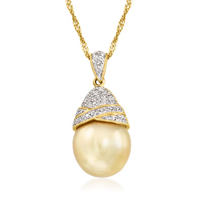 C. 1990 Vintage 14x12.5mm Cultured Golden Pearl Pendant Necklace with .34 ct. t.w. Diamonds in 18kt Yellow Gold