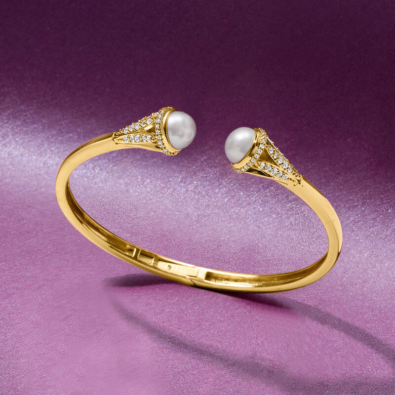 8mm Cultured Pearl and .80 ct. t.w. White Topaz Cuff Bracelet in 18kt Gold Over Sterling image number 2