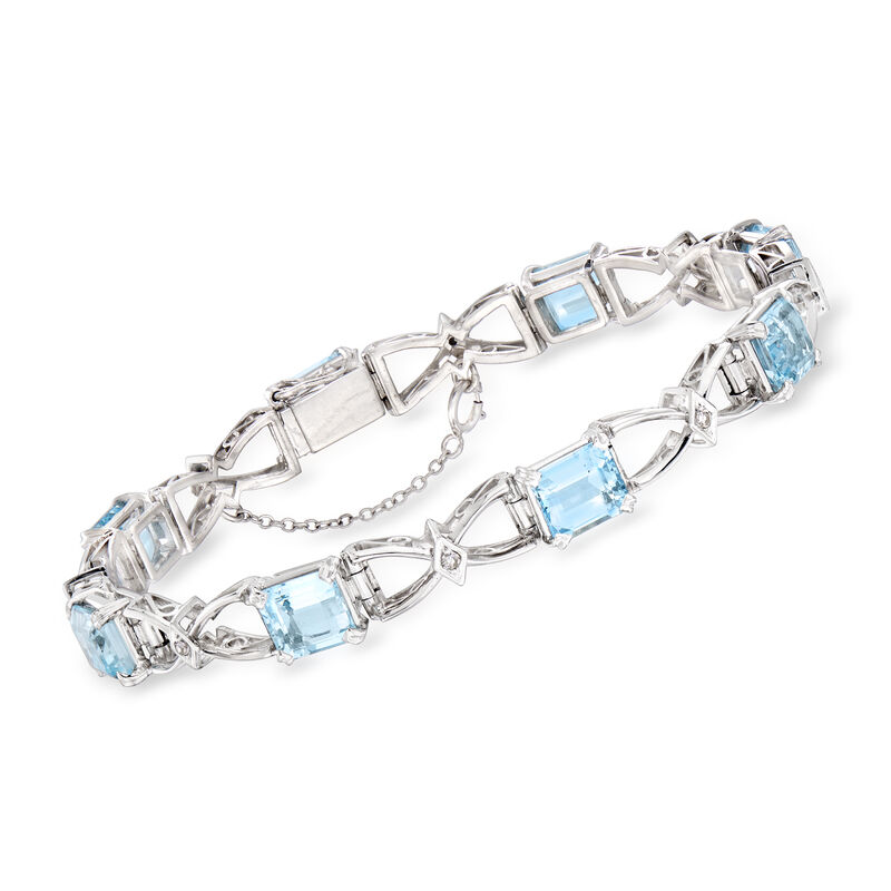 C. 1970 Vintage 11.50 ct. t.w. Aquamarine and .15 ct. t.w. Diamond Bow-Link Bracelet in 14kt White Gold. 7.5&quot; image number 0