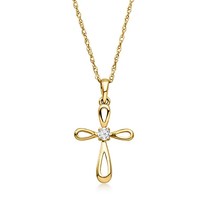 10kt Yellow Gold Modern Cross Pendant Necklace with Single Lab-Grown Diamond. 18" image number 1