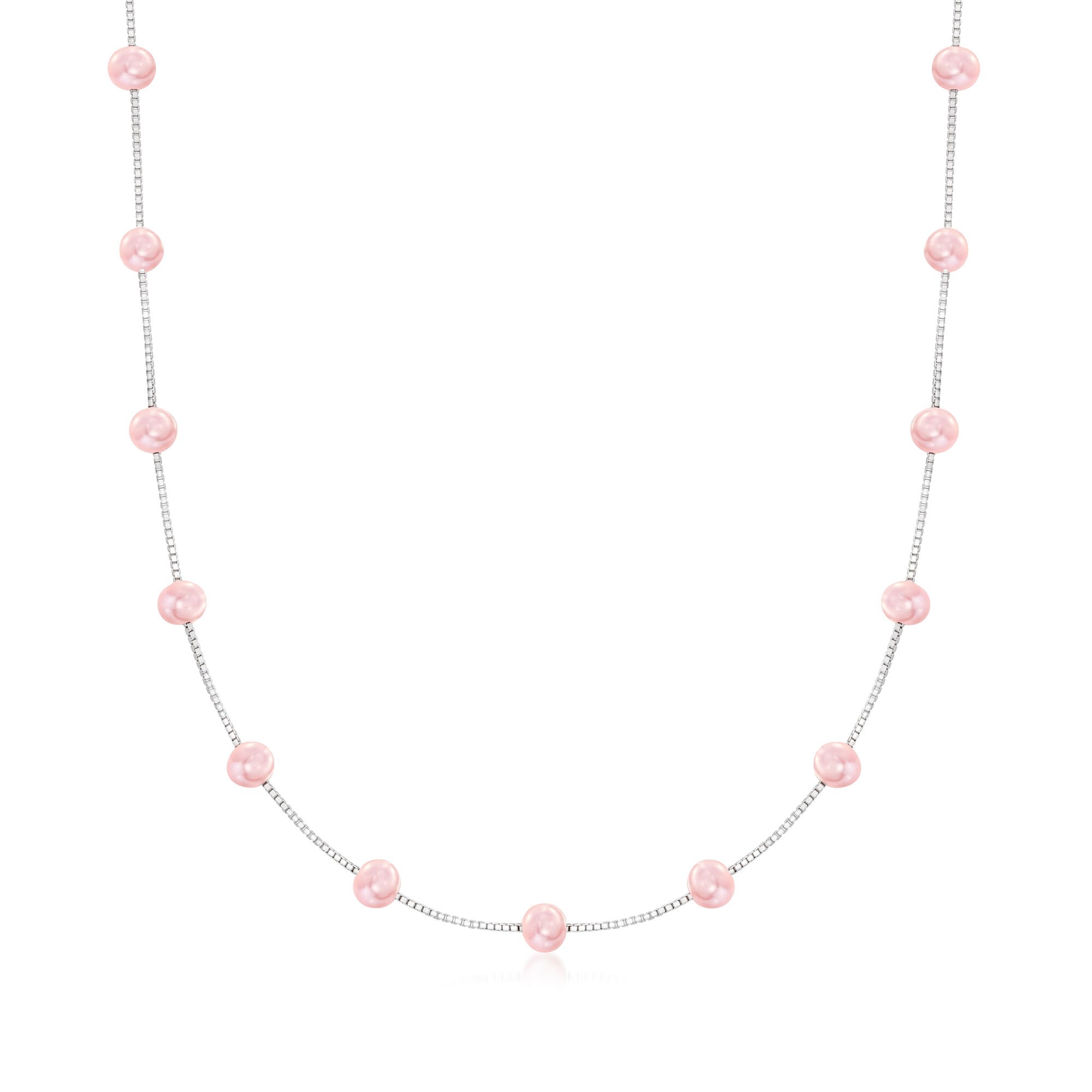 6-6.5mm Pink Cultured Pearl Station Necklace in Sterling Silver