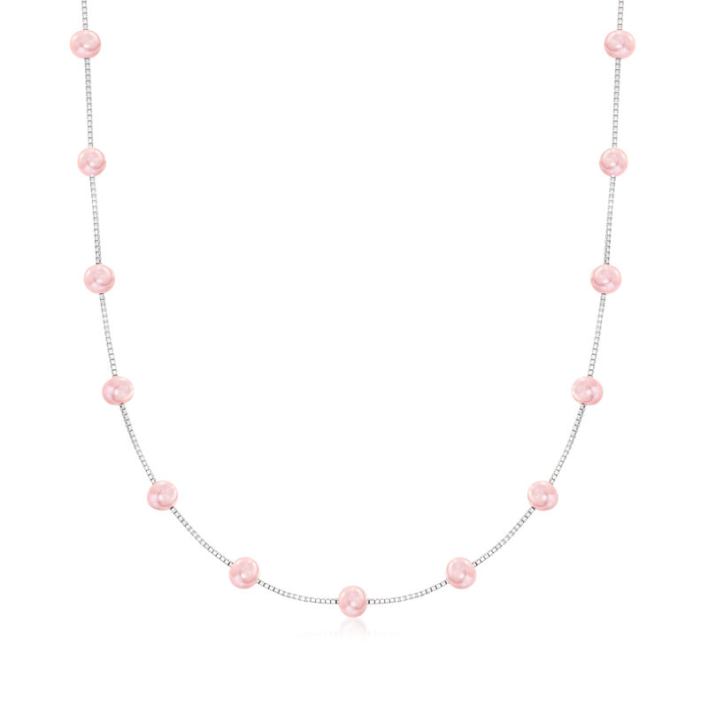 6-6.5mm Pink Cultured Pearl Station Necklace in Sterling Silver. 30&quot; image number 1