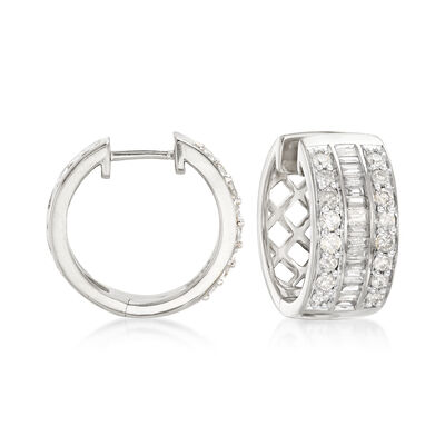 1.00 ct. t.w. Baguette and Round Diamond Hoop Earrings in Sterling Silver