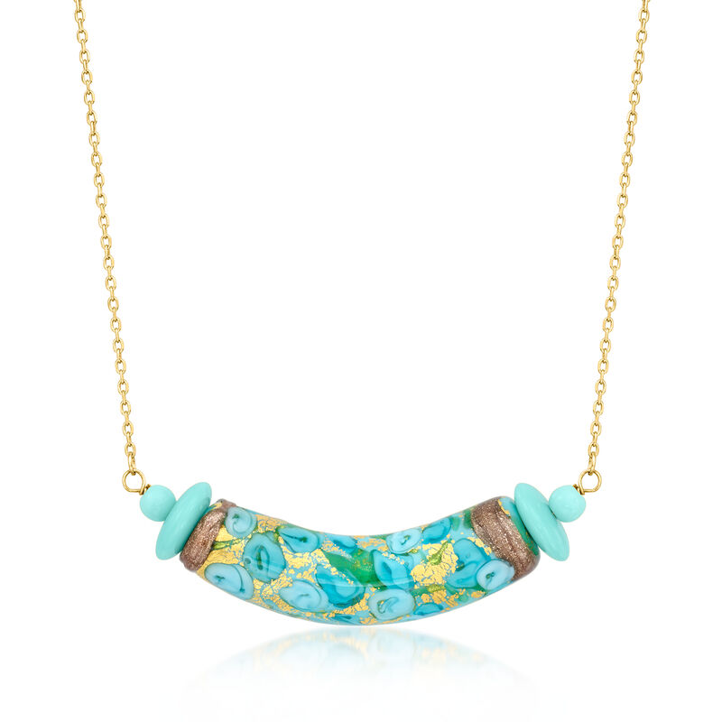 Italian Aqua Murano Glass Floral Bead Necklace in 18kt Gold Over Sterling image number 0