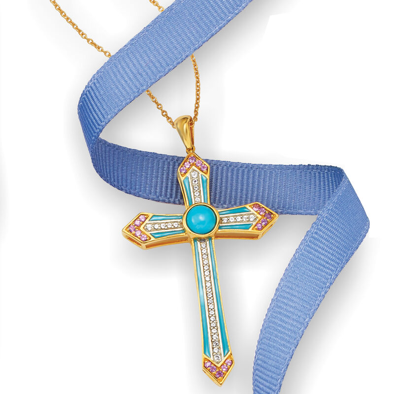 Turquoise, .30 ct. t.w. Amethyst and .30 ct. t.w. White Topaz Cross Pendant Necklace with Enamel in 18kt Gold Over Sterling image number 2