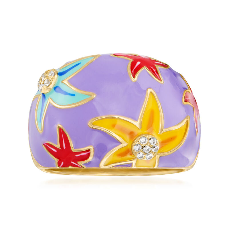 Multicolored Enamel Starfish Ring with White Topaz Accents in 18kt Gold Over Sterling image number 0