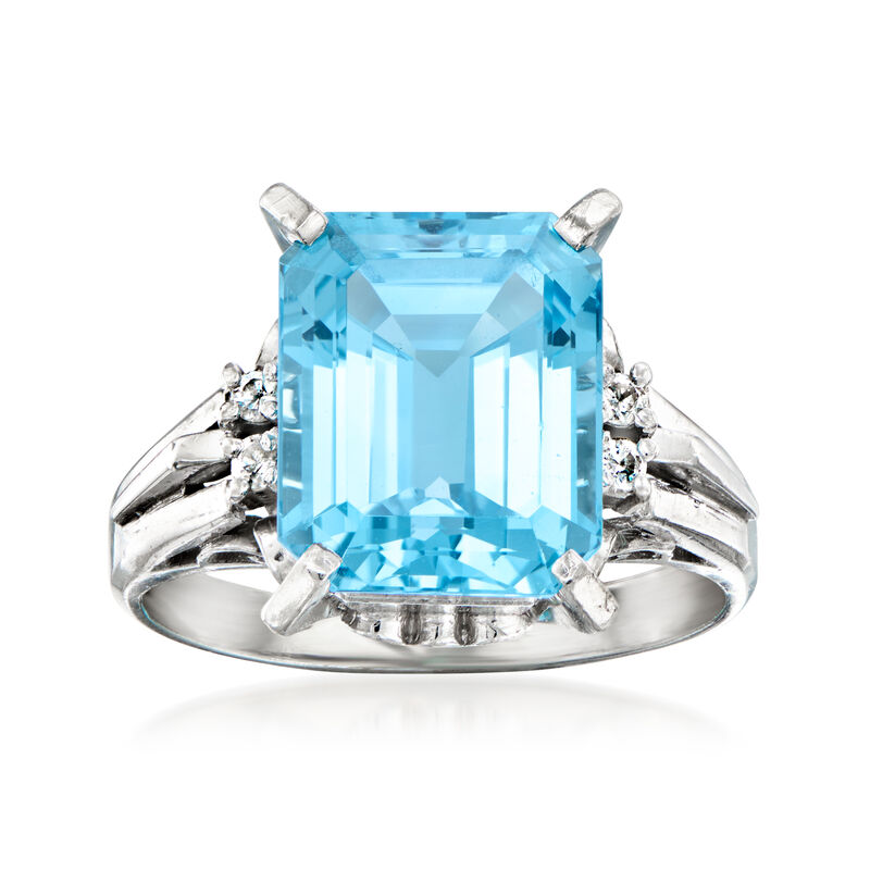 C. 1990 Vintage 5.49 Carat Swiss Blue Topaz Ring with Diamonds in Platinum. Size 5 image number 0