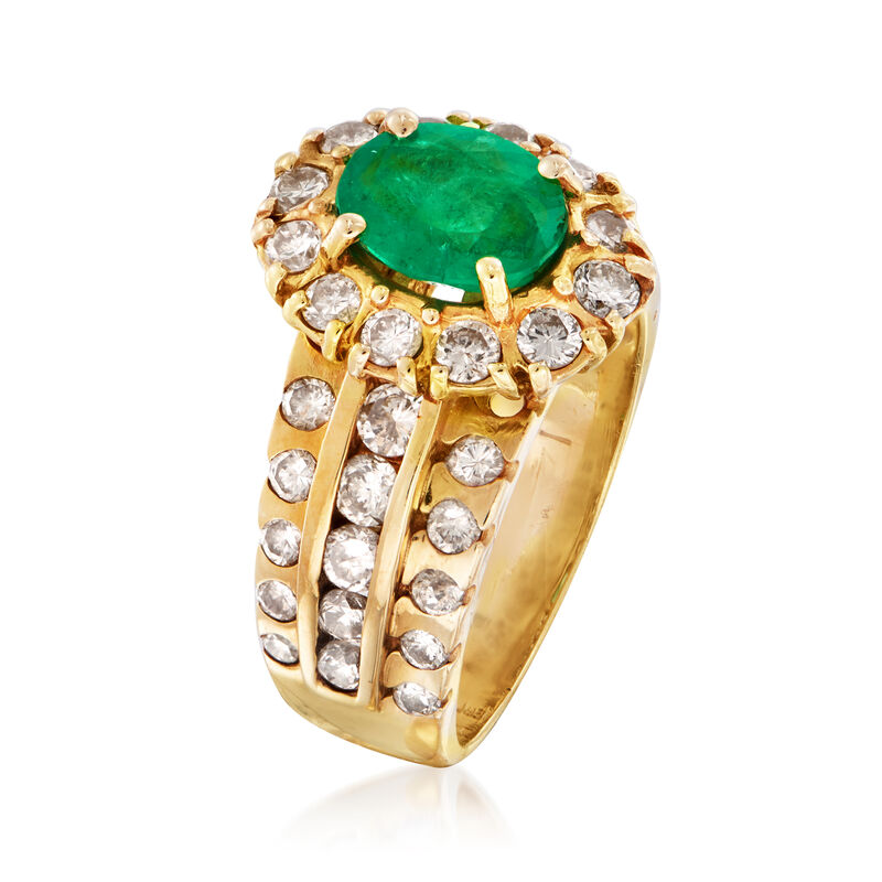 C. 1980 Vintage 1.00 Carat Emerald and 1.25 ct. t.w. Diamond Halo Ring in 14kt Yellow Gold image number 2