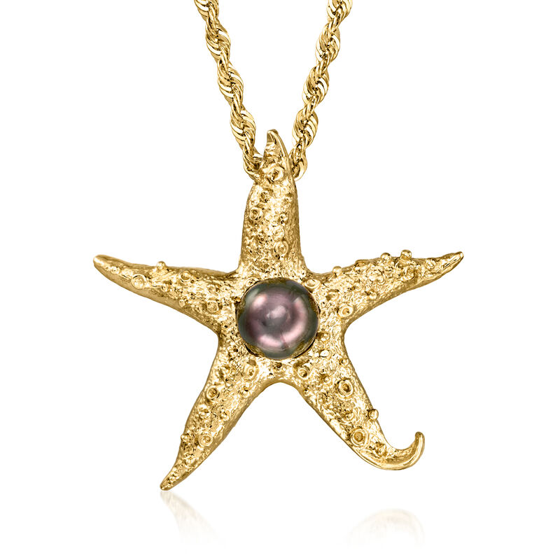 C. 1990 Vintage 8mm Cultured Black Pearl Starfish Pendant Necklace in 14kt Yellow Gold. 18" image number 0