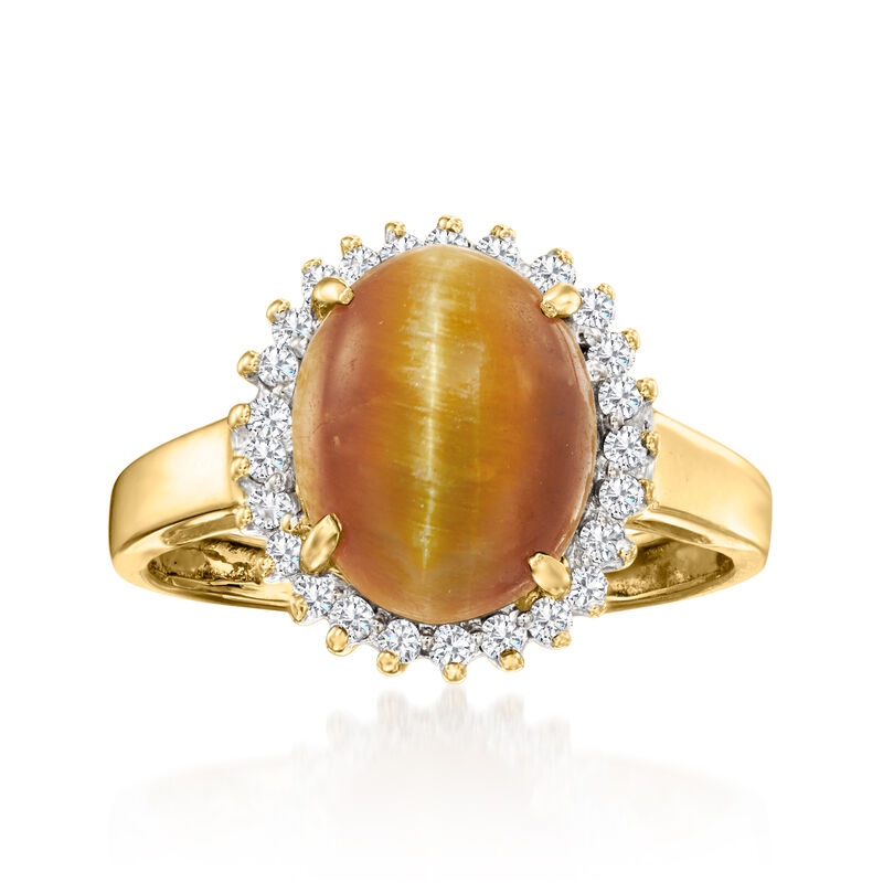 C. 1980 Vintage Tiger Eye Ring with .25 ct. t.w. Diamonds in 14kt Yellow Gold image number 0