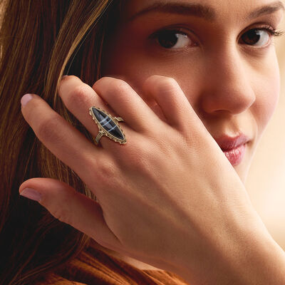 C. 1960 Vintage Black Agate Marquise Ring in 14kt Yellow Gold