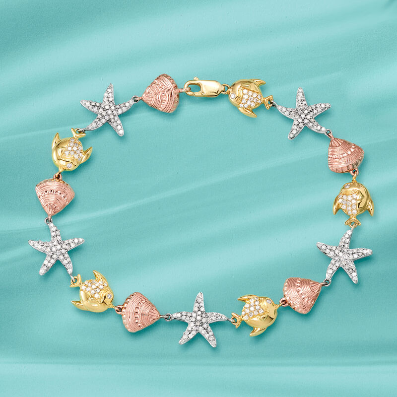 1.00 ct. t.w. Diamond Sea Life Bracelet in Tri-Colored Sterling Silver image number 2