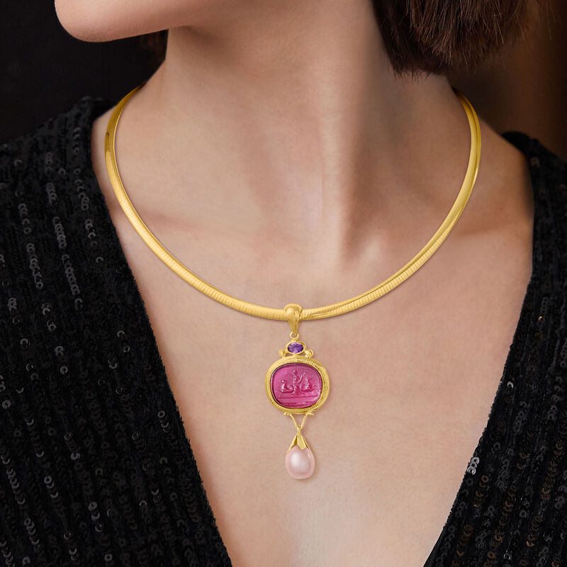 Italian 10.5-11mm Champagne Cultured Pearl and Pink Venetian Glass Pendant with .60 Carat Amethyst in 18kt Gold Over Sterling  image number 2