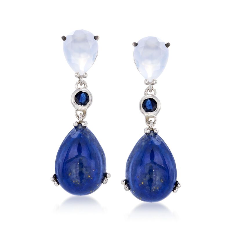 Lapis and White Chalcedony Drop Earrings with .20 ct. t.w. Sapphires in Sterling  image number 0
