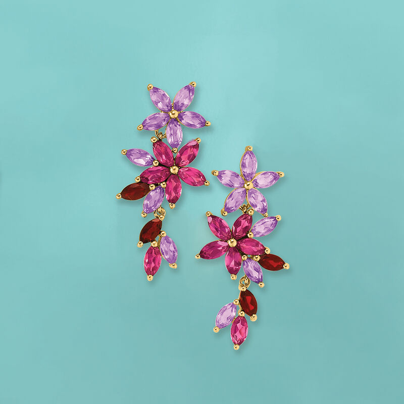 7.30 ct. t.w. Multi-Gemstone Floral Drop Earrings in 18kt Gold Over Sterling image number 3