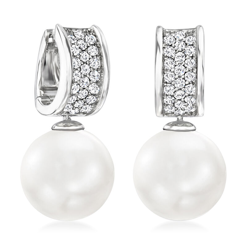 11-12mm Cultured South Sea and .43 ct. t.w. Diamond Drop Earrings in 18kt White Gold  image number 2