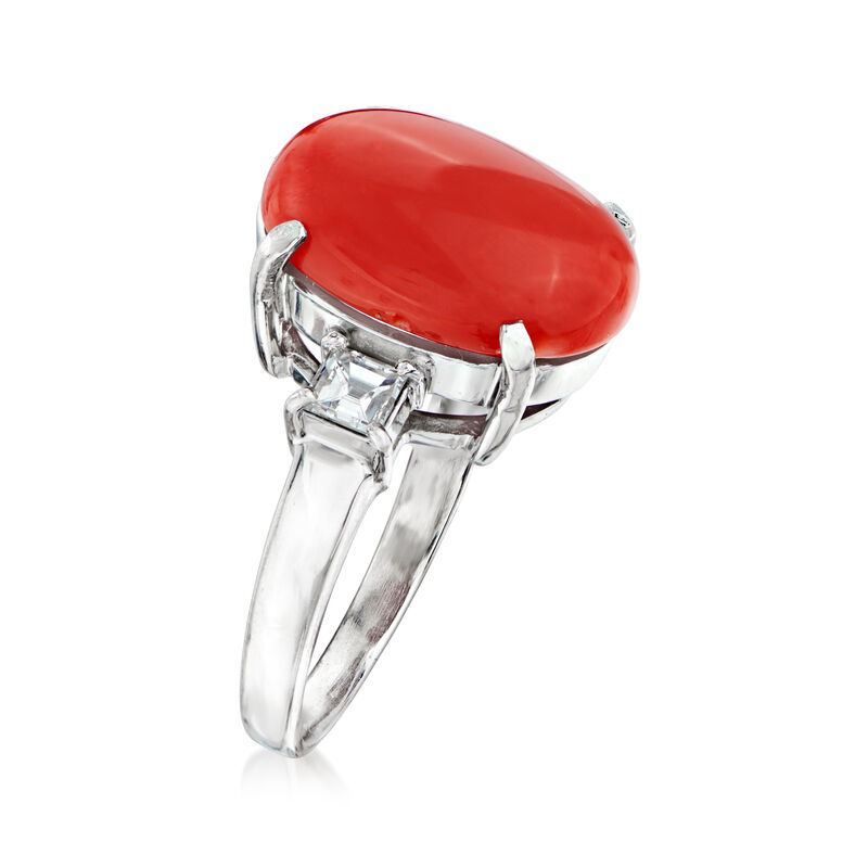 C. 1990 Vintage Red Coral and .40 ct. t.w. Diamond Ring in Platinum image number 2
