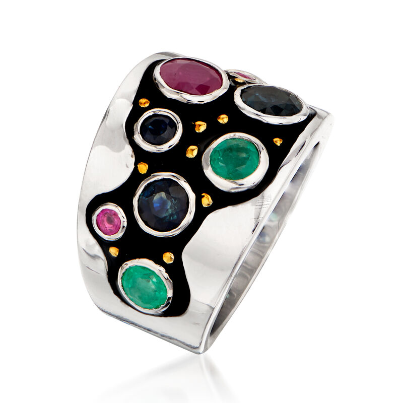 1.10 ct. t.w. Sapphire, 1.00 ct. t.w. Emerald and .80 ct. t.w. Ruby Ring in Sterling Silver with 18kt Gold Over Sterling image number 2