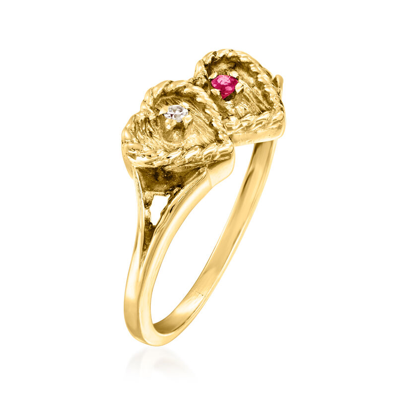 C. 1980 Vintage Diamond and Ruby Hearts Ring in 14kt Yellow Gold. Size 5.75 image number 2