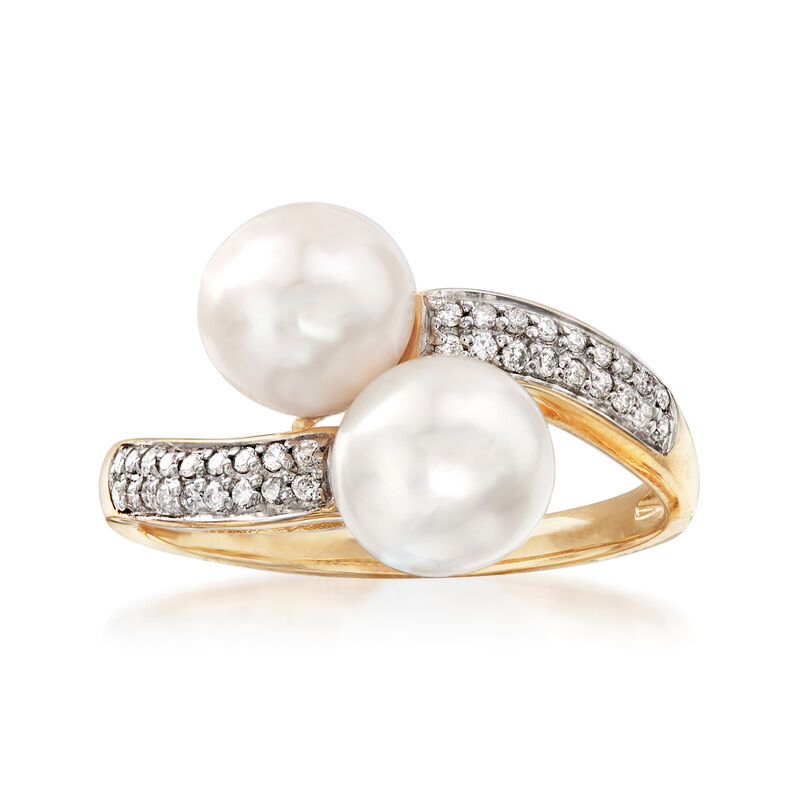 7-7.5mm Cultured Pearl and .10 ct. t.w. Diamond Bypass Ring in 14kt Yellow Gold image number 0