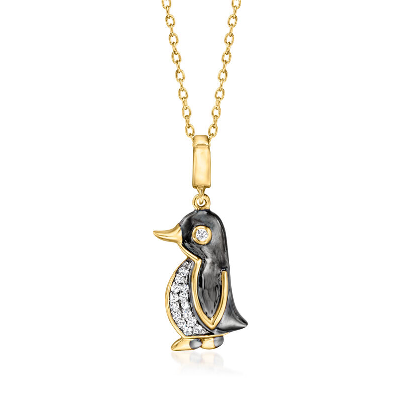 .10 ct. t.w. Diamond and Black Enamel Penguin Pendant Necklace in 18kt Gold Over Sterling image number 0