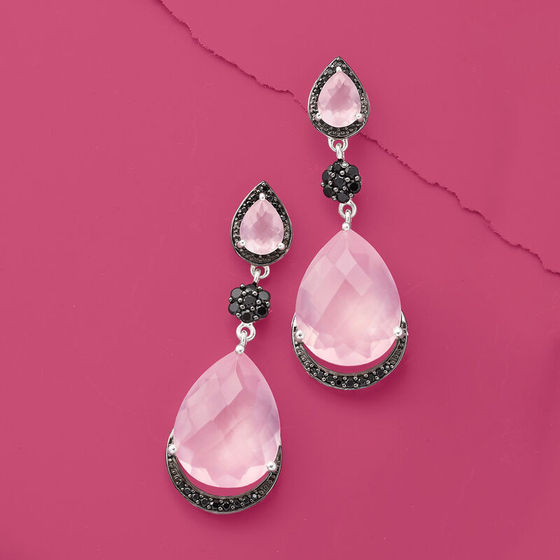22.20 ct. t.w. Rose Quartz and 1.00 ct. t.w. Black Spinel Drop Earrings in Sterling Silver image number 2