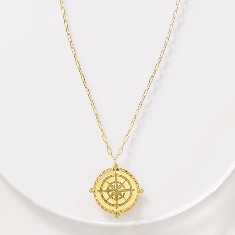14kt Yellow Gold North Star Compass Necklace with Paper Clip Link Chain image number 2