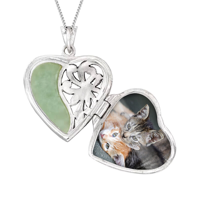 Jade and Marcasite Heart Locket Pendant Necklace in Sterling Silver image number 2