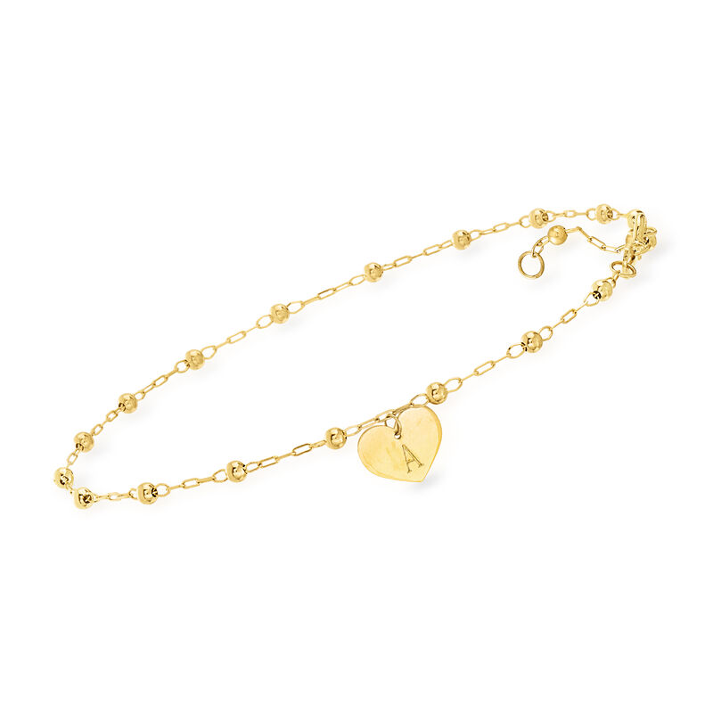 Italian 14kt Yellow Gold Personalized Bead-Link Heart Anklet image number 2