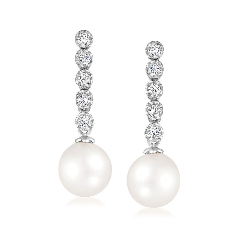 7-7.5mm Cultured Akoya Pearl and .15 ct. t.w. Diamond Linear Drop Earrings in 14kt White Gold image number 0