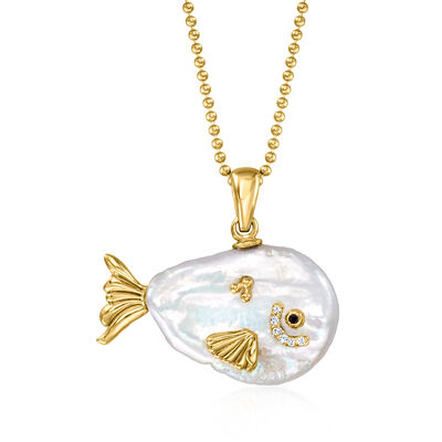 4-20mm Cultured Baroque Pearl Fish Pendant Necklace with White Topaz and Single Black Spinel in 18kt Gold Over Sterling