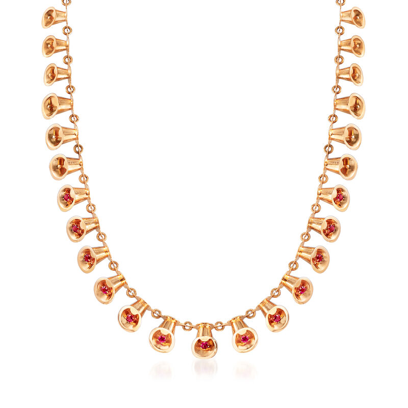 C. 1950 Vintage 1.10 ct. t.w. Simulated Ruby Bugle Drop Necklace in 18kt Yellow Gold. 16&quot; image number 0