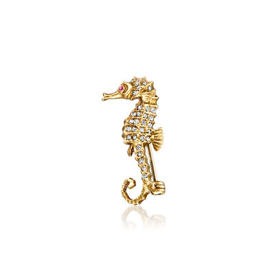 C. 1970 Vintage .31 ct. t.w. Diamond Seahorse Pin with Single Ruby in 18kt Yellow Gold