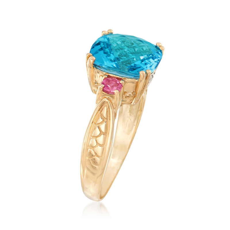 4.40 Carat Blue Topaz and .20 ct. t.w. Pink Tourmaline Ring with Diamond Accents in 14kt Yellow Gold image number 2