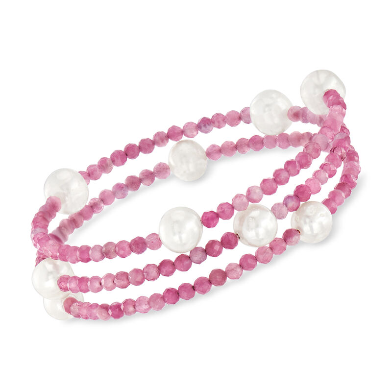 8.5-9.5mm Cultured Pearl and 1.40 ct. t.w. Pink Tourmaline Bead Wrap Bracelet  image number 0