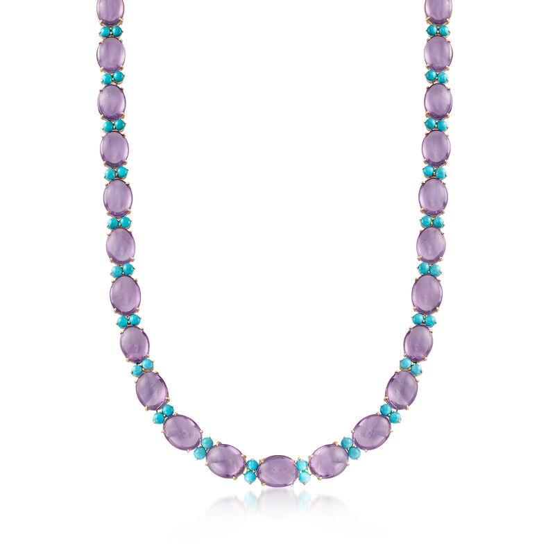 C. 1950 Vintage Cabochon Amethyst and Turquoise Beaded Necklace in 18kt Yellow Gold image number 0