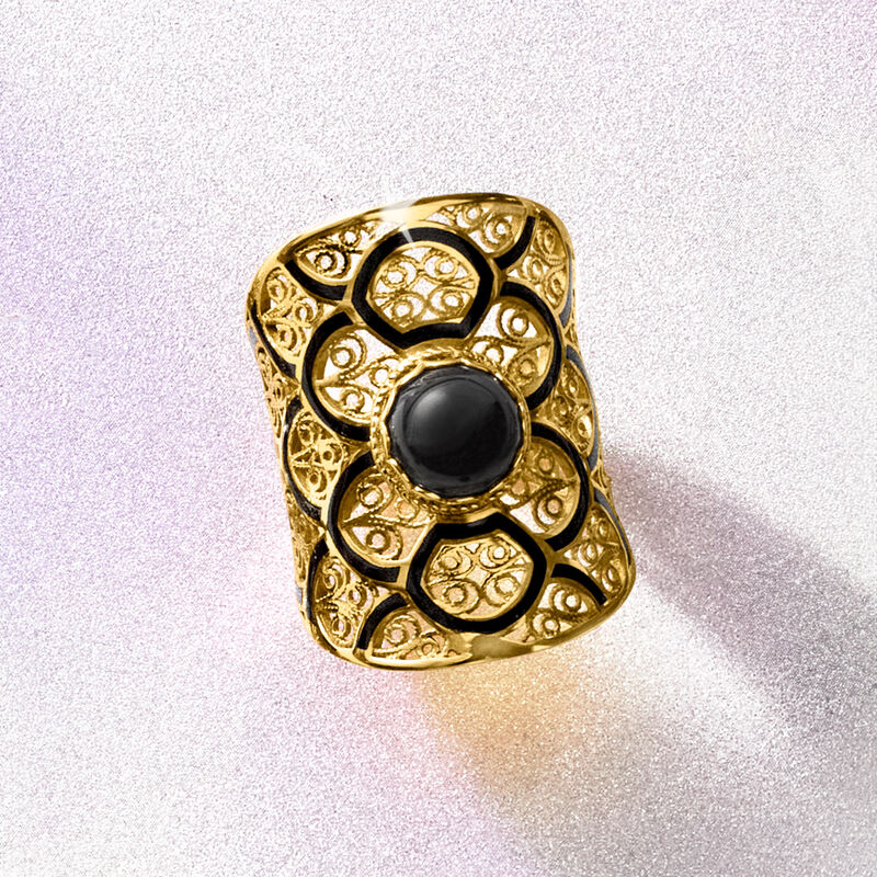 Onyx and Black Enamel Filigree Ring in 18kt Gold Over Sterling image number 3