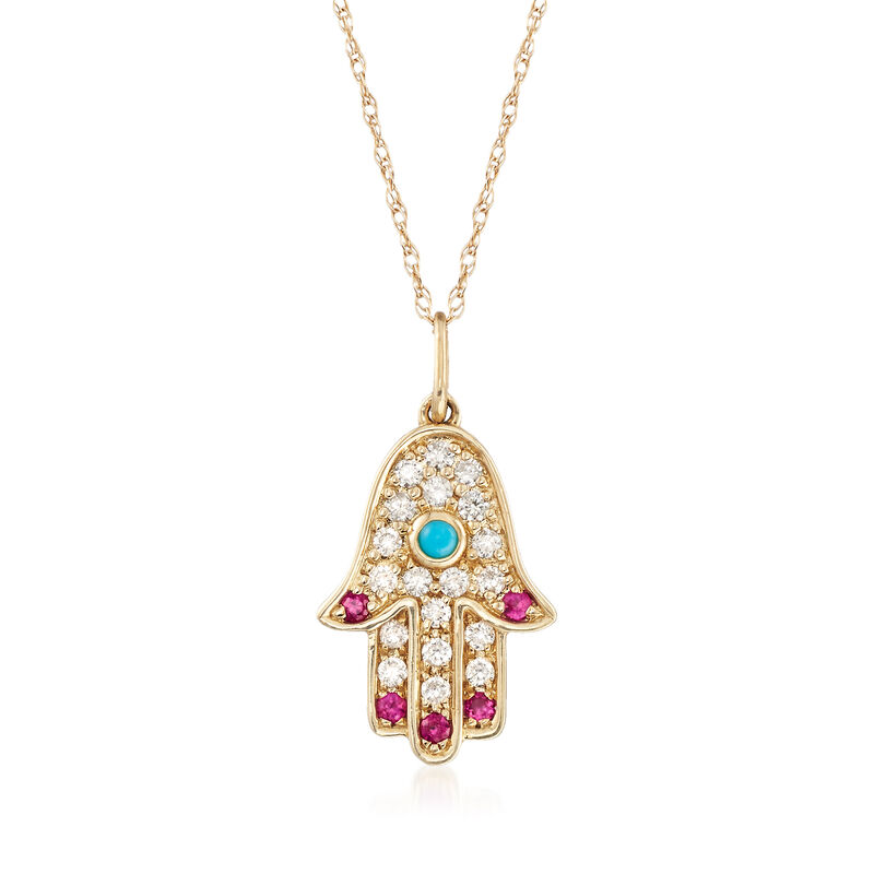 Turquoise and .20 ct. t.w. Diamond Hamsa Hand Pendant Necklace with Ruby Accents in 14kt Yellow Gold image number 0