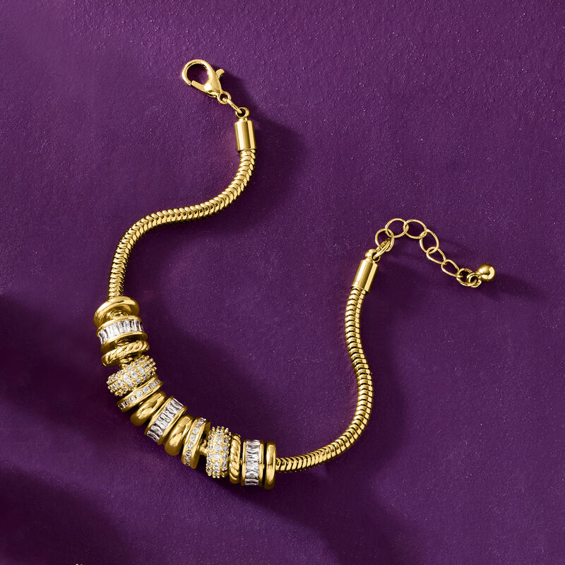 14kt Yellow Gold-Plated Bead Charm Bracelet with 5.88 ct. t.w. CZs. 7" image number 3