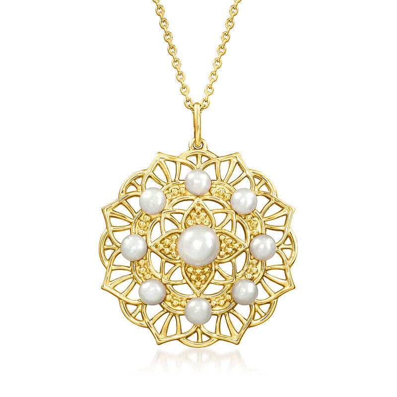 3.5-6mm Cultured Pearl Floral Filigree Pendant Necklace in 18kt Gold Over Sterling. 18&quot; image number 1
