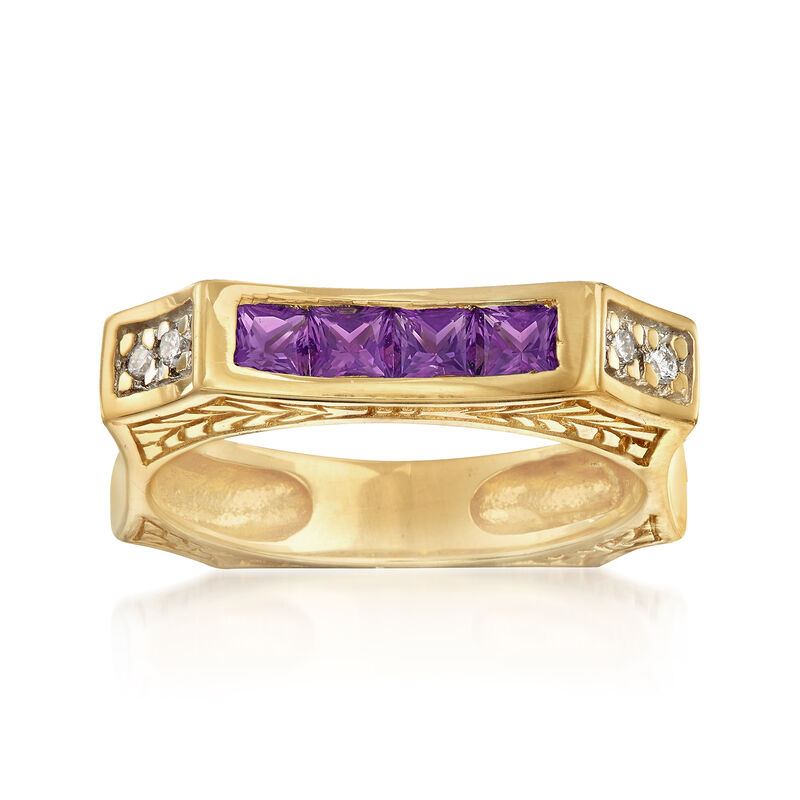 C. 1990 Vintage .50 ct. t.w. Amethyst Square Ring with Diamond Accents in 14kt Yellow Gold image number 0